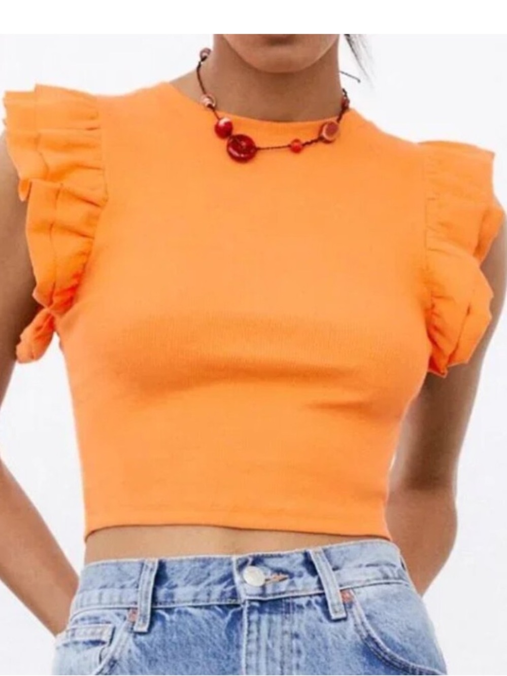 NWT Zara Orange Ribbed Ruffle Sleeve Crop Top Size S